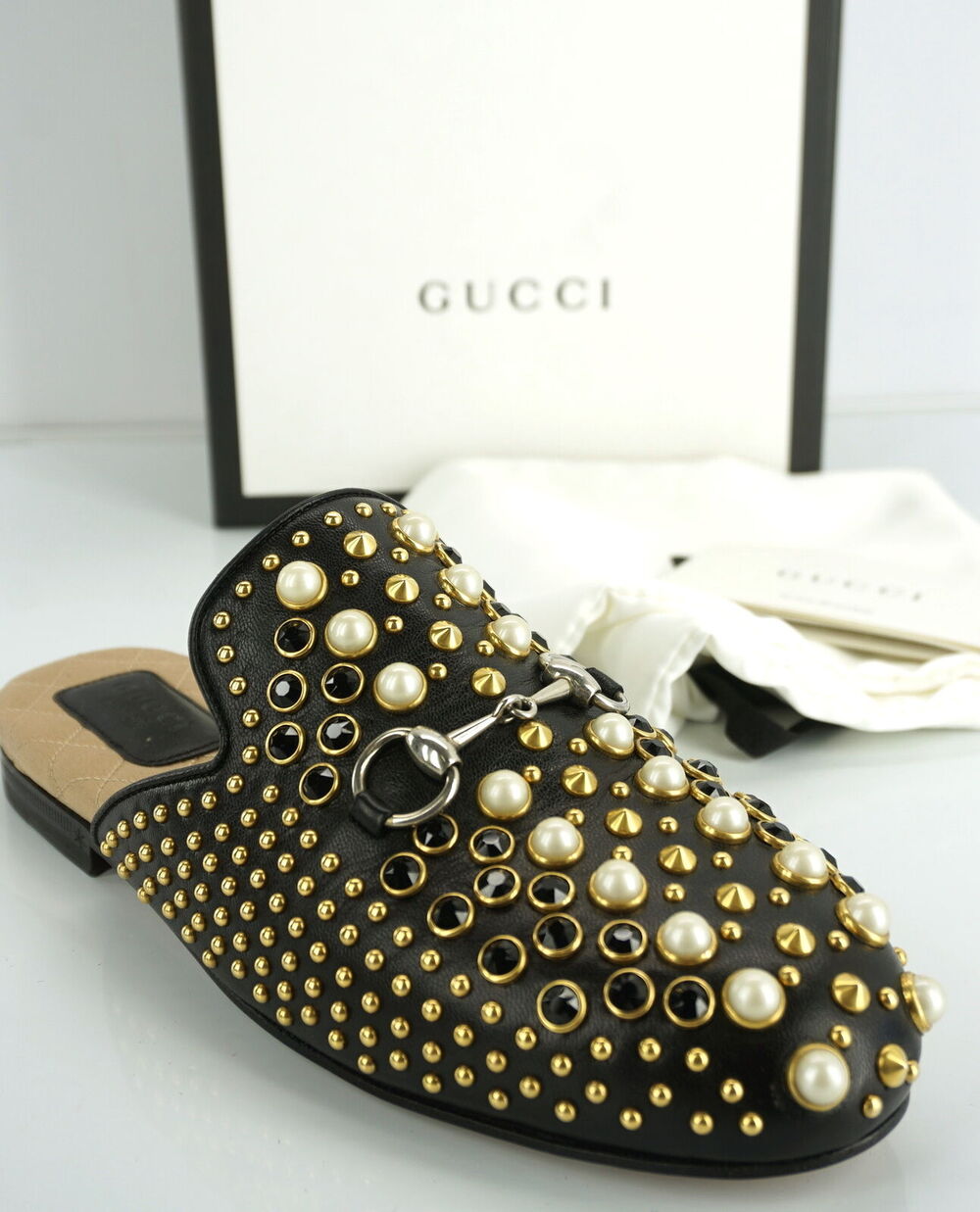Gucci Princetown Pearl Studded Slide Mule Loafers Size 35 Horse Bit NIB $1500